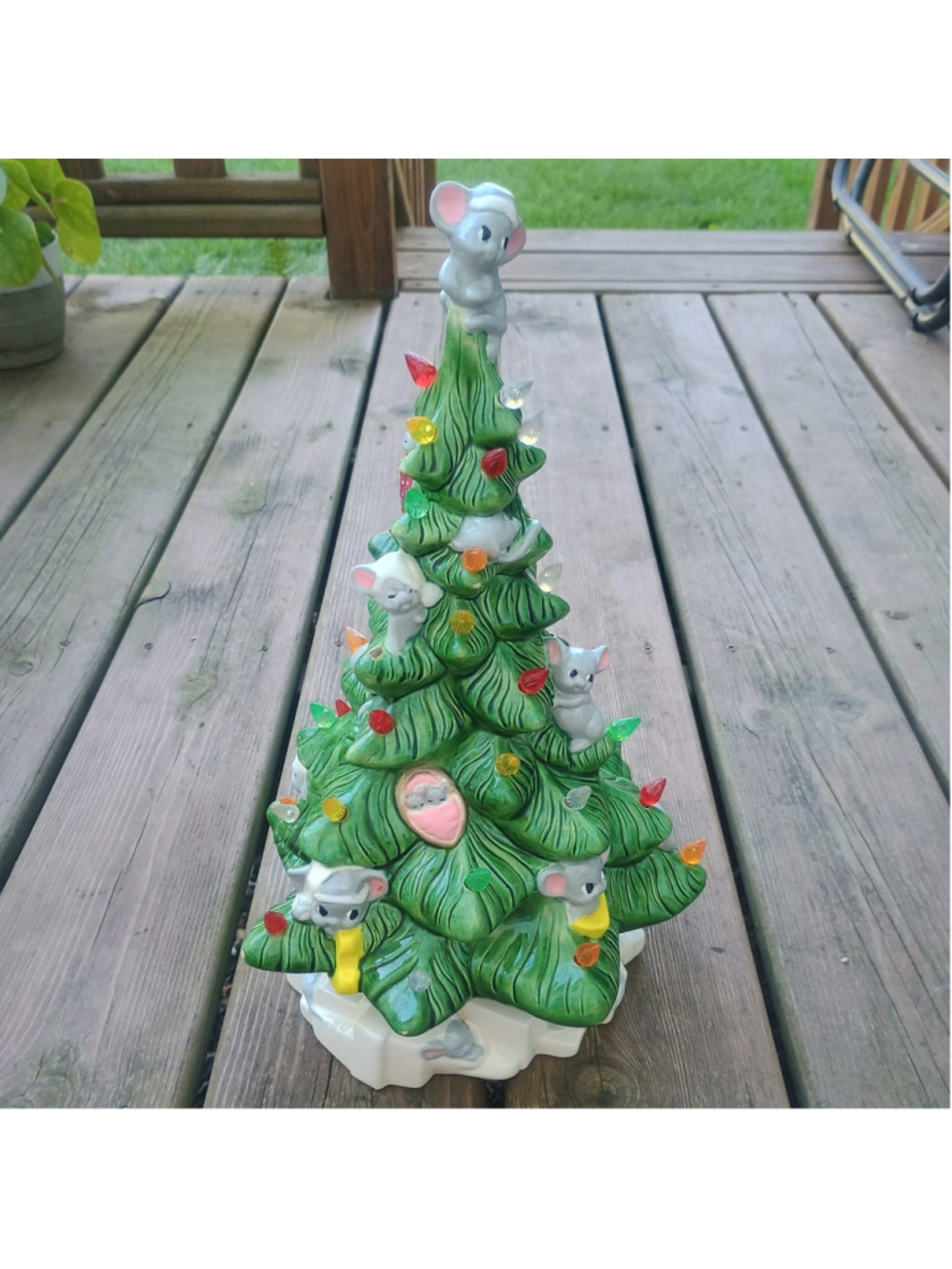 Vintage 1980s Mouse Mice Ceramic Lighted Christmas Tree 16" W/ Stand